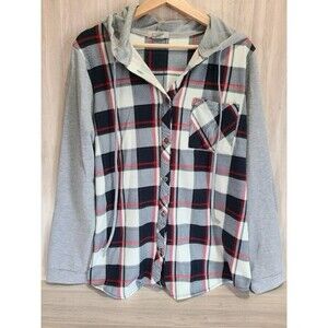 Passport Plaid Hooded Shirt Womens L Gray Red Long Sleeve Lightweight Button Up